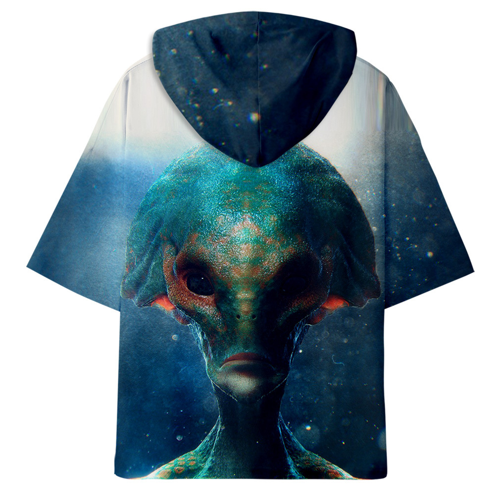 跨境亚马逊热销潮流et外星人新品3d数码印花休闲带帽短袖t恤