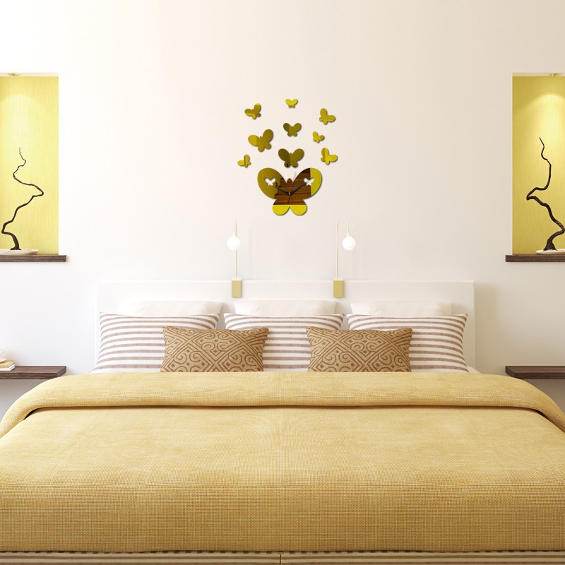 速卖通热销diy挂钟 创意3d亚克力镜面卡通蝴蝶时尚家居墙贴钟