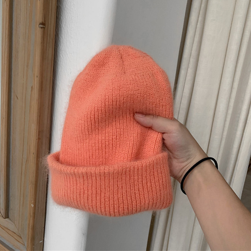 显白西柚色韩国ins帽子女冬卷边毛线帽日系可爱兔毛针织帽学生帽