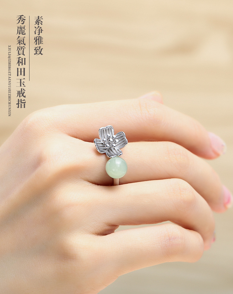 原创新品花芽雏菊戒指女 925纯银个性食指和田玉简约淘宝热销爆款