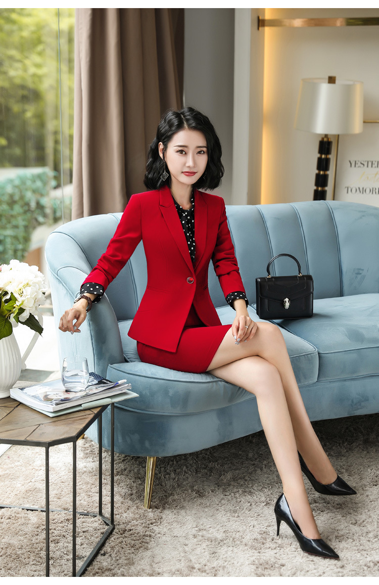 职业装套装女2019秋装新款女韩版商务正装ol气质修身红色套裤工