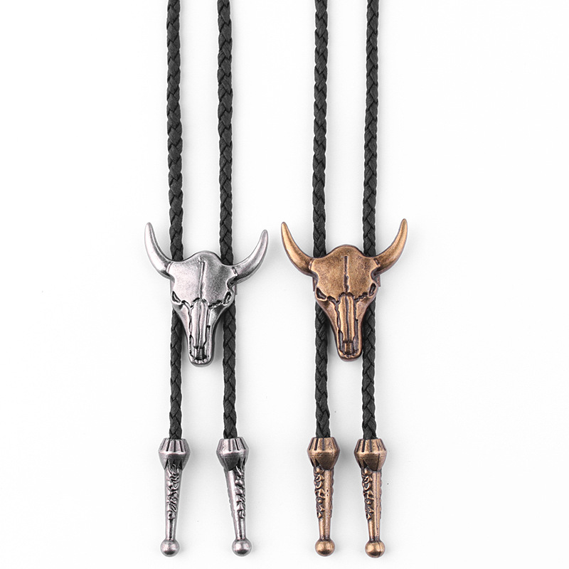 个性韩版牛头男士项链牛仔波洛领绳手工编织复古项圈潮男皮绳吊坠