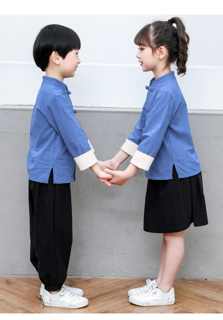新款儿童民国服五四青年中山水洗棉三字经幼儿园男童演出服长套装