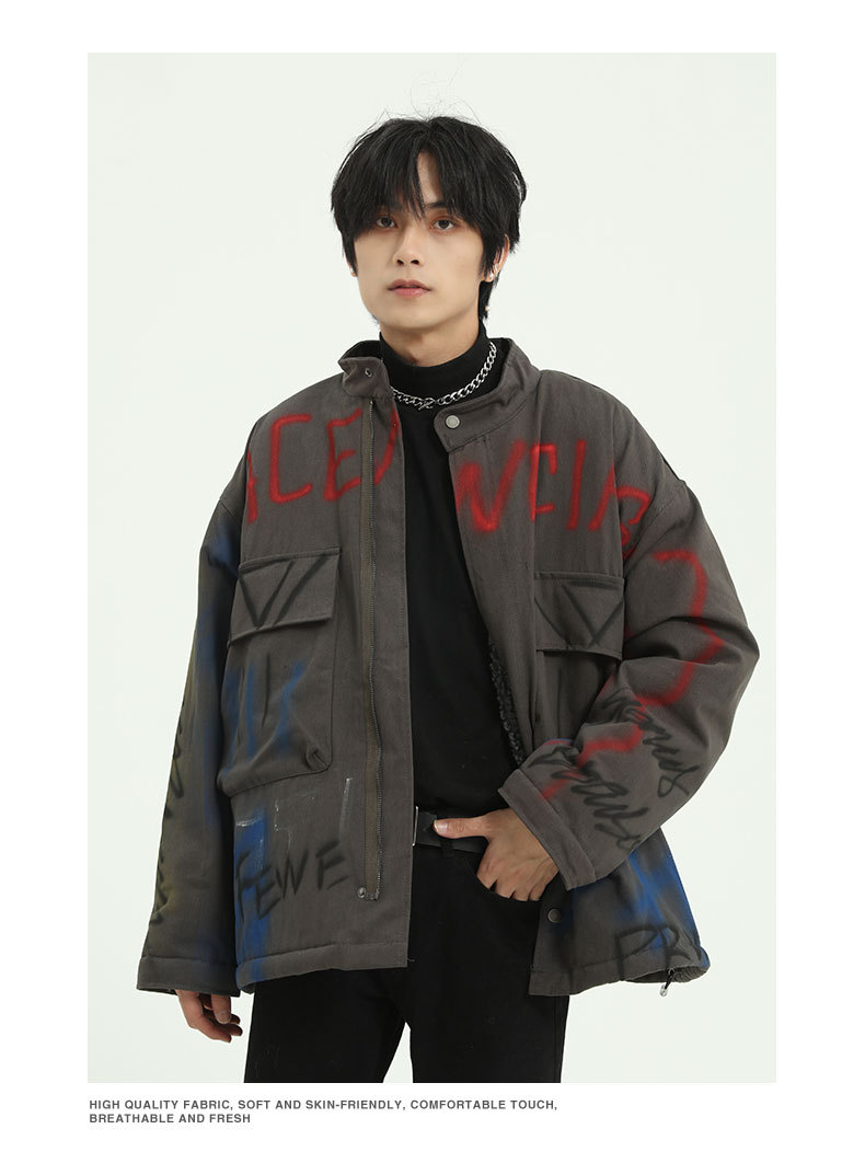 mtl男装|冬季韩版日系街头涂鸦工装夹克外套男宽松羊羔毛加厚棉服