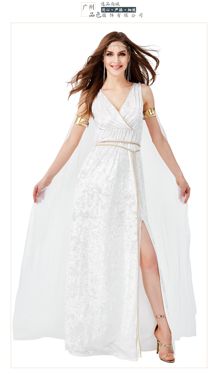 亚马逊厂家直销自由女神古希腊神话人物高开叉性感白色女神连衣裙