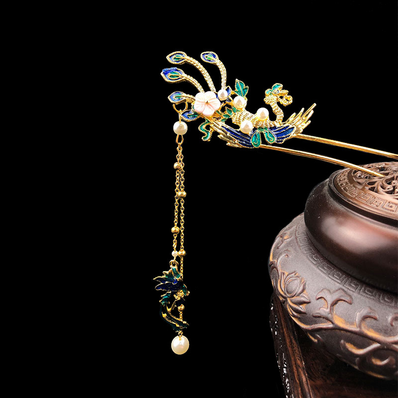 汉服古装古风景泰蓝发钗发簪发饰烧蓝凤头钗复古流苏步摇饰品配饰