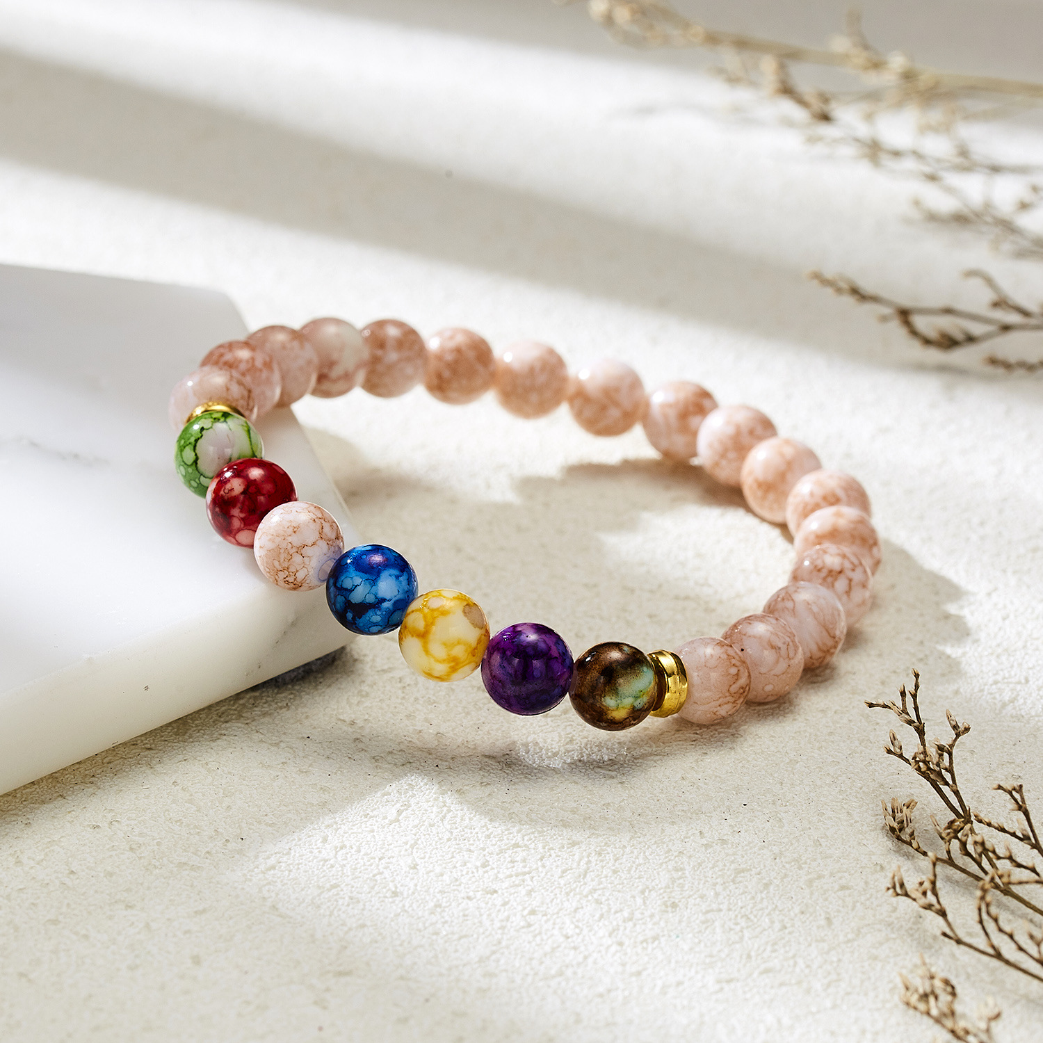 跨境热销瑜伽能量石手链 7mm大象七脉轮白松石天然石弹性手链批发