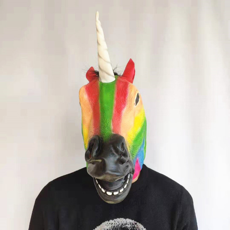 mask独角兽头套七彩虹马头面具万圣节狂欢节派对乳胶动物面具批发