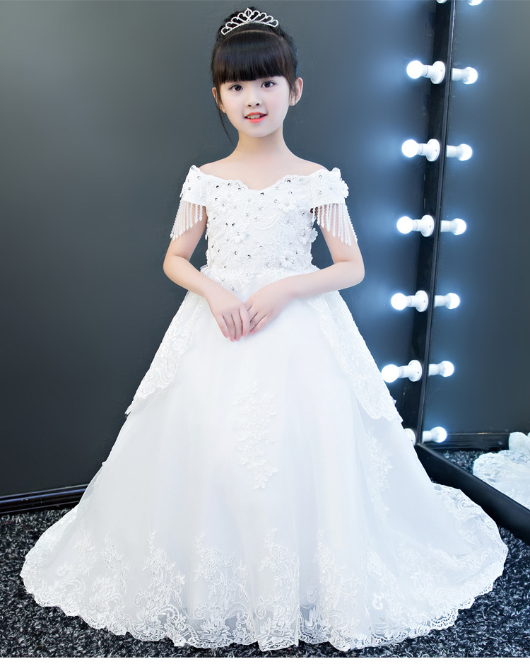 儿童婚纱蓬蓬纱拖尾花童钢琴演出服女童走秀主持人晚礼服公主裙