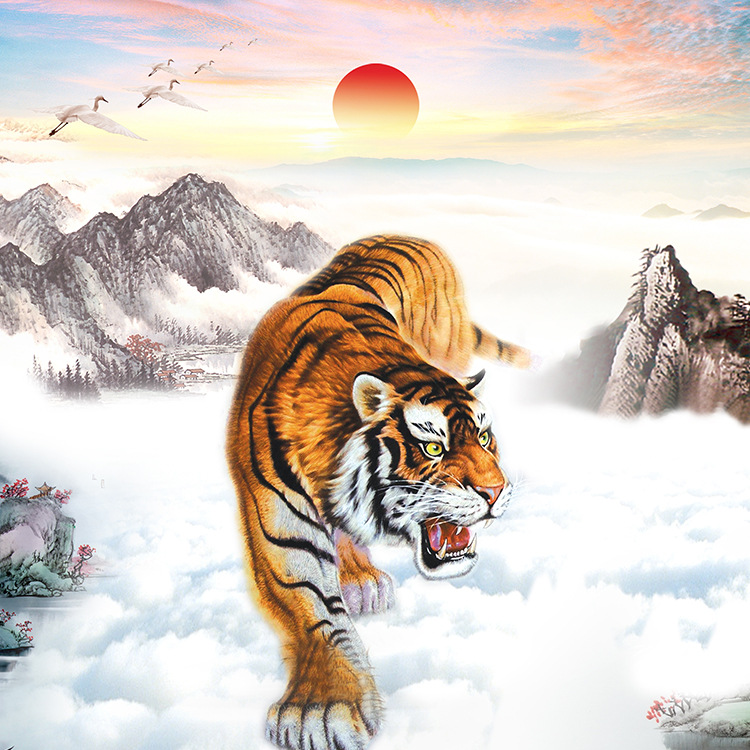 老虎画下山虎卷轴画镇宅辟邪挂画虎啸图客厅家居装饰画风水丝绸画