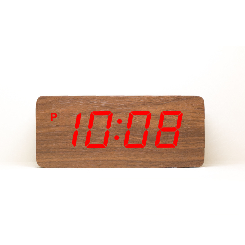 Hot Creative Simple Led Voice Control Wooden Clock Digital Electronic Bedside Alarm Clock Mute Wooden Numbers Clock