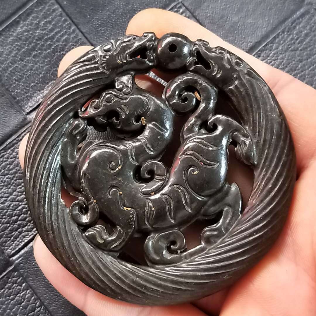 岫玉古玩收藏仿古玉器老物件四大神兽挂件把件吊坠高古玉镂空玉牌