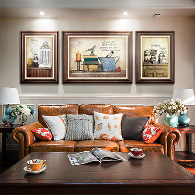 美式客厅装饰画沙发背景墙挂画卧室餐厅三联画欧美复古油画玄关画