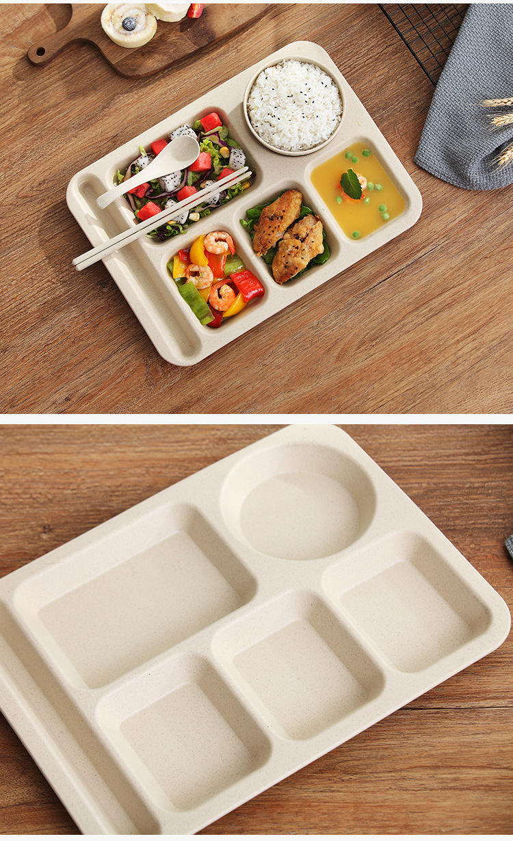 小麦秸秆学生饭盘大容量长方形食堂成人餐盘防摔快餐盘分格盘套装