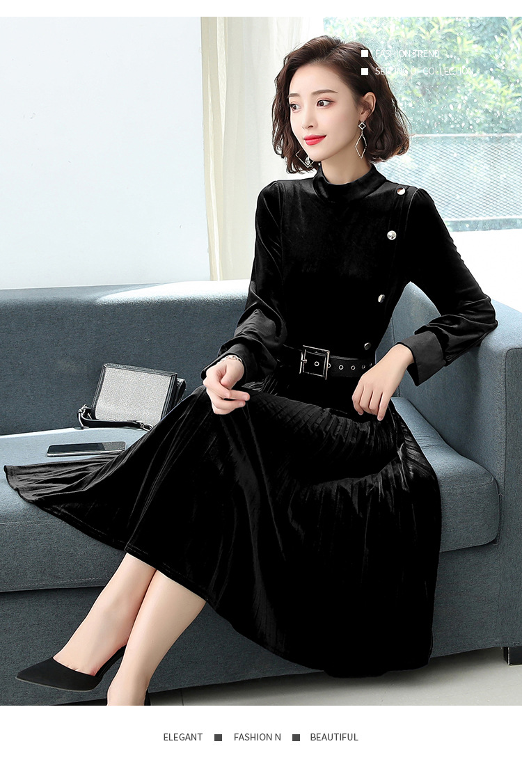 gzm-aqh6353秋冬新款金丝绒连衣裙中长款修身气质长袖半高领打底裙