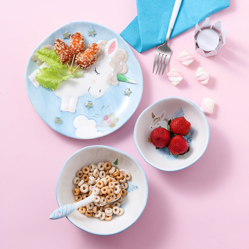 New Unicorn Creative Cute Ceramic Tableware Nice Baby Rice Bowl Breakfast Cup with Lid Noodle Bowl Household Dinner Plate