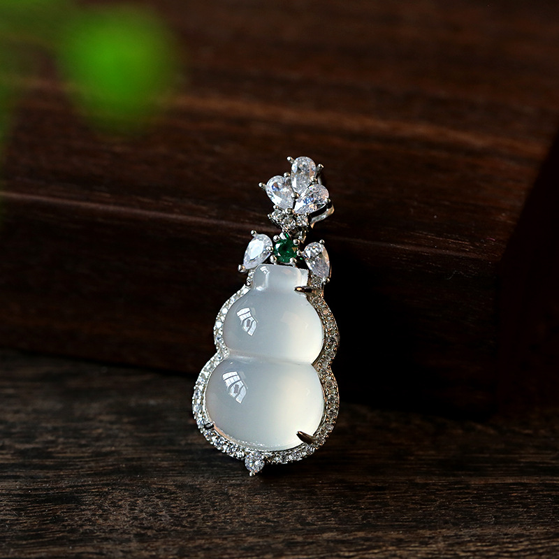 天然正品s925银豪华镶嵌白玉髓葫芦吊坠玉坠男女款白玉髓葫芦项链