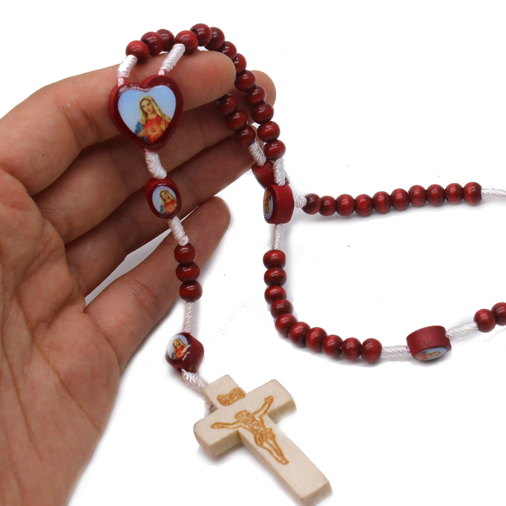 Foreign Trade Hot Wine Red Map Wooden Bead Hand-Made Religious Rosary Necklace Cross Ornament Hand-Held Rosary