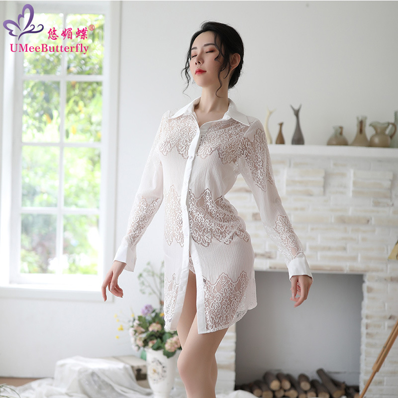 大码透视蕾丝秘书衬衫情趣内衣性感镂空诱惑中长款睡衣女一件代发