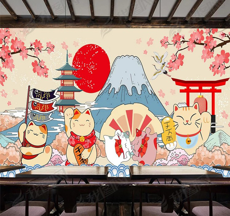 日式餐厅料理店墙纸手绘日系猫咪壁纸和风居酒屋日本寿司店墙布