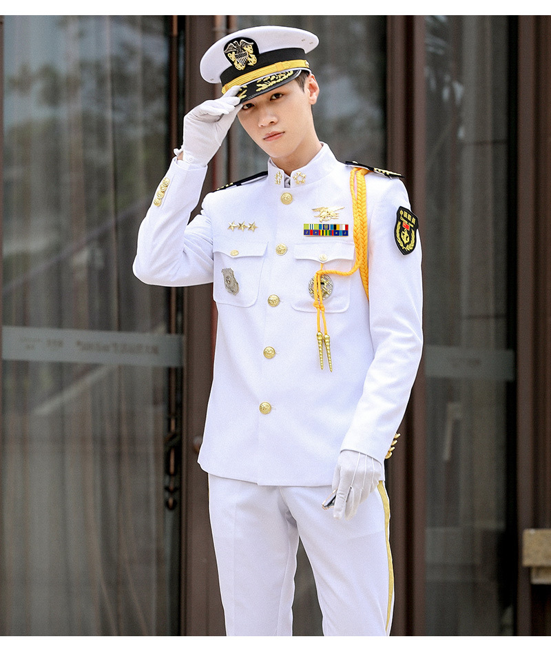 海军风立领单排白色套装船长服海员制服保安工作服套装男厂家现货