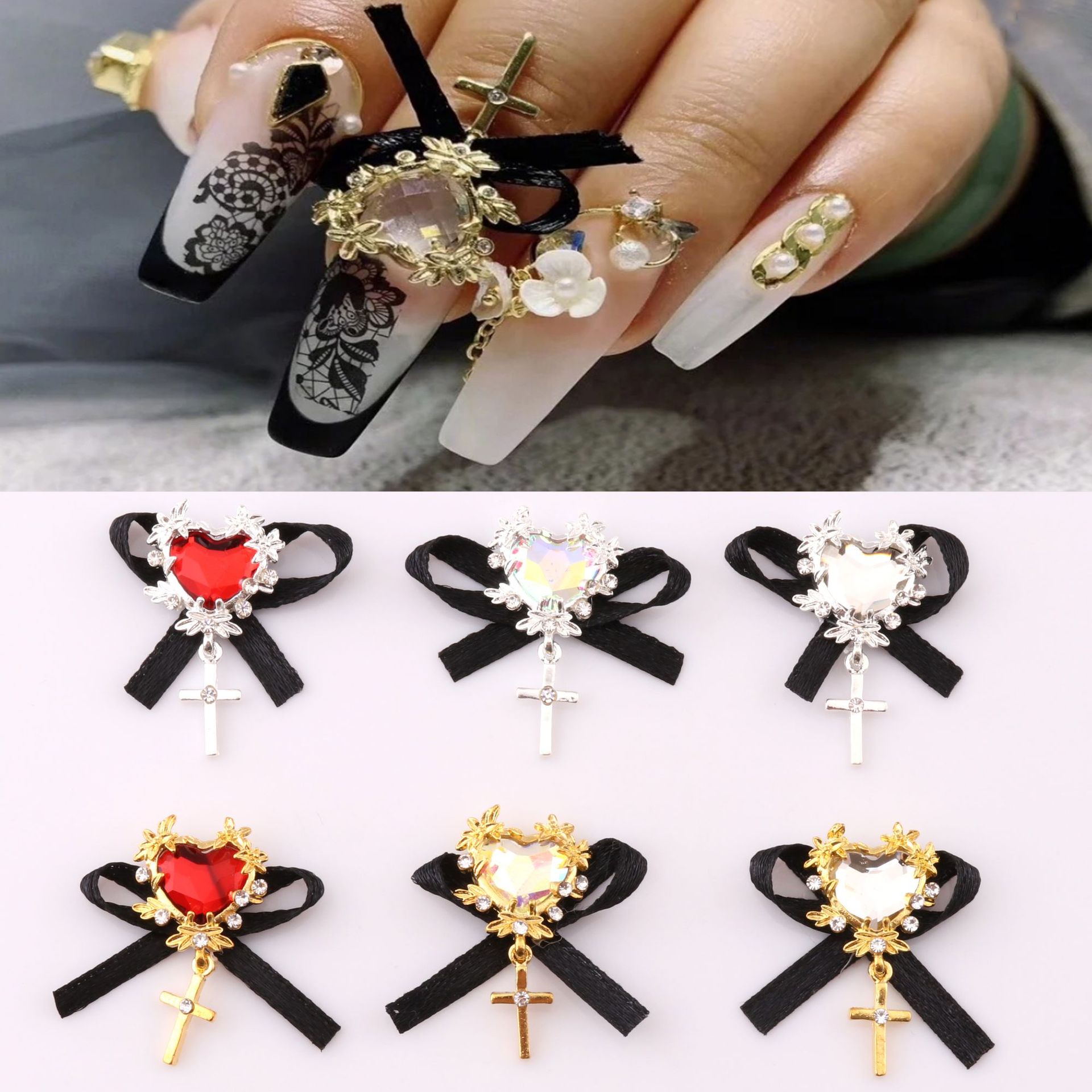 网红新款美甲饰品流苏吊坠五角星链条黑蝴蝶结水晶桃心钻 lz同款