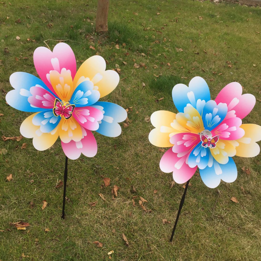 七彩双层太阳花风车木杆风车户外旋转装饰大号风车幼儿园活动礼品