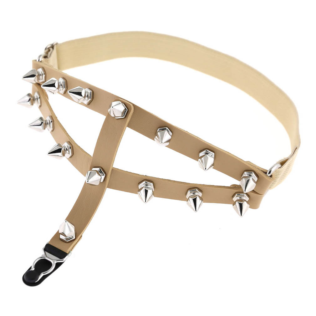 性感女式双排腿环铆钉尖钉吊袜带朋克哥特原宿手工皮质吊带吊袜夹