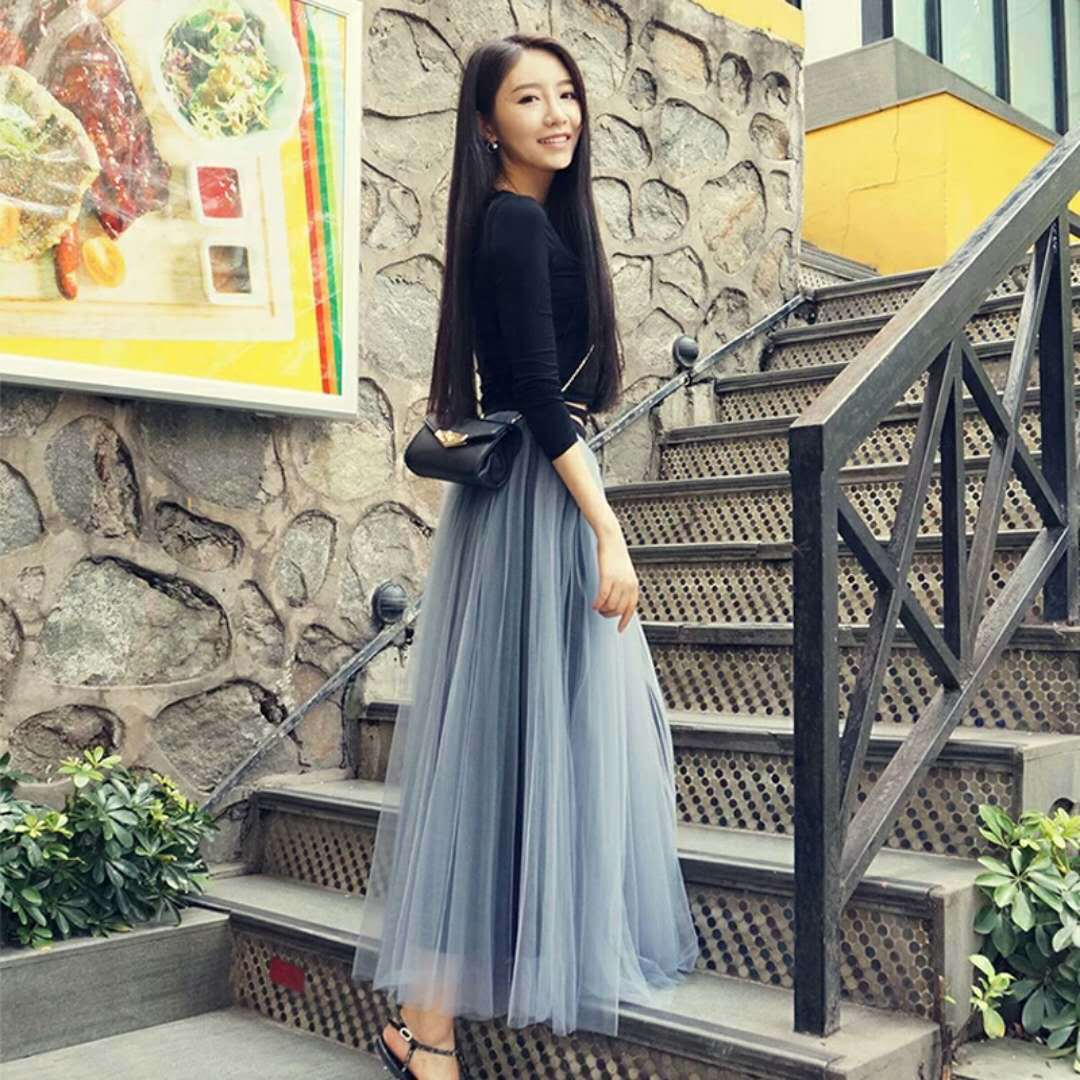 网纱半身裙2019春夏新款女学生高腰纱裙中长款仙女裙a字百褶裙子