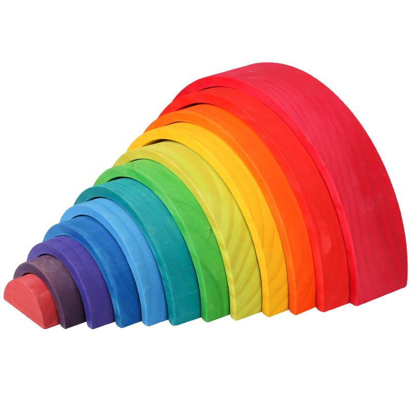 儿童玩具实木彩虹半圆形积木12色拱形幼儿园甜甜圈叠叠高趣味木玩