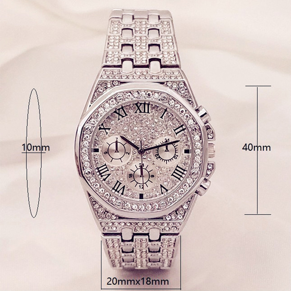 男士八角铆钉超大表盘三眼水钻镶钻防水不锈钢带石英手表