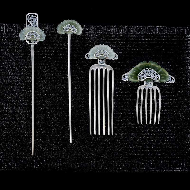 925银和田玉扇形发簪中国复古古装汉服盘发u型簪子一字簪步摇头饰