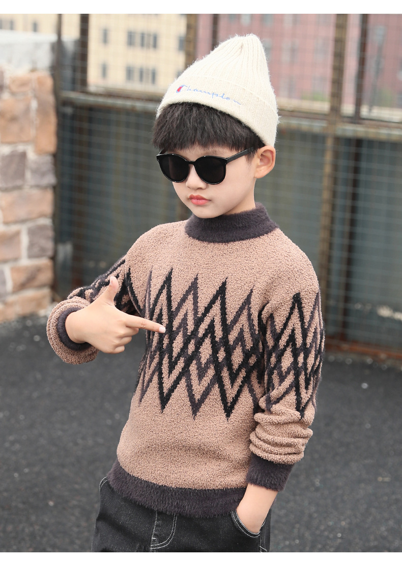 男童毛衣2019初冬新款中大童韩版菱形花纹印花毛衣针织衫一件代发