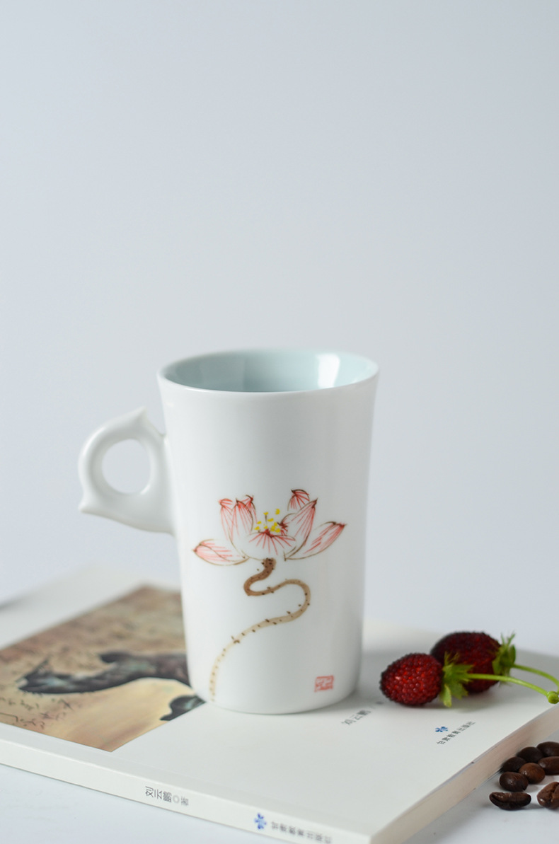 莲花图案马克杯女士大容量杯子复古水杯景德镇陶瓷杯家用个性手绘