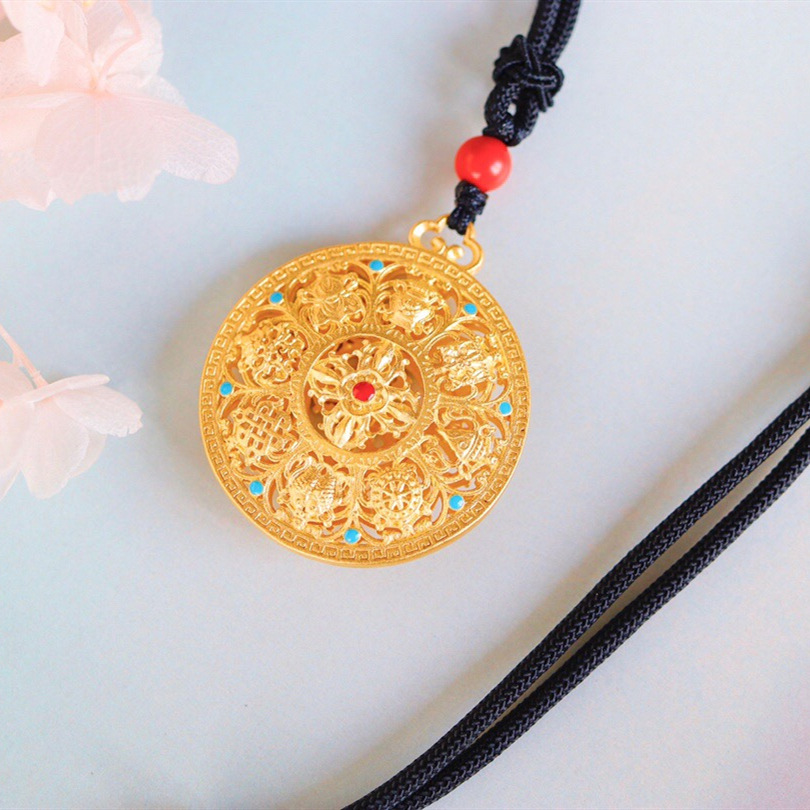 古法黄金八宝吊坠男女款足金999滴胶手工八瑞相项链