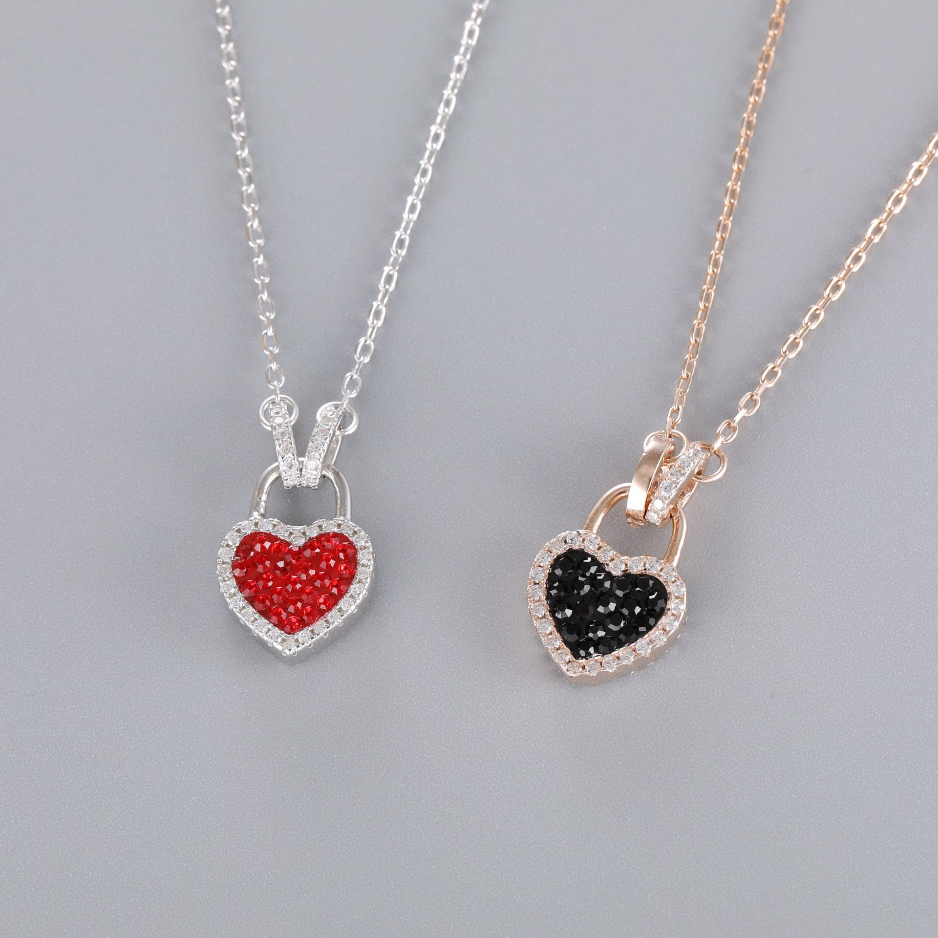 s925银红黑双面爱心锁项链 韩版时尚百搭ins风简约桃心锁骨链女式
