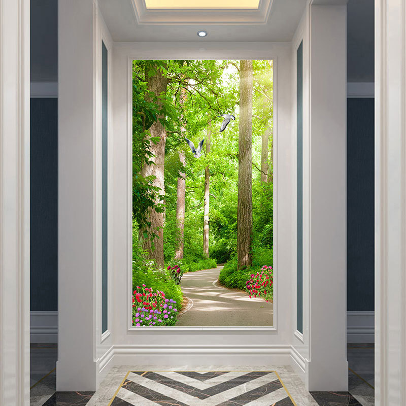 定制无缝3d立体林间玄关风景过道背景墙壁纸壁画定做竖版走廊墙纸