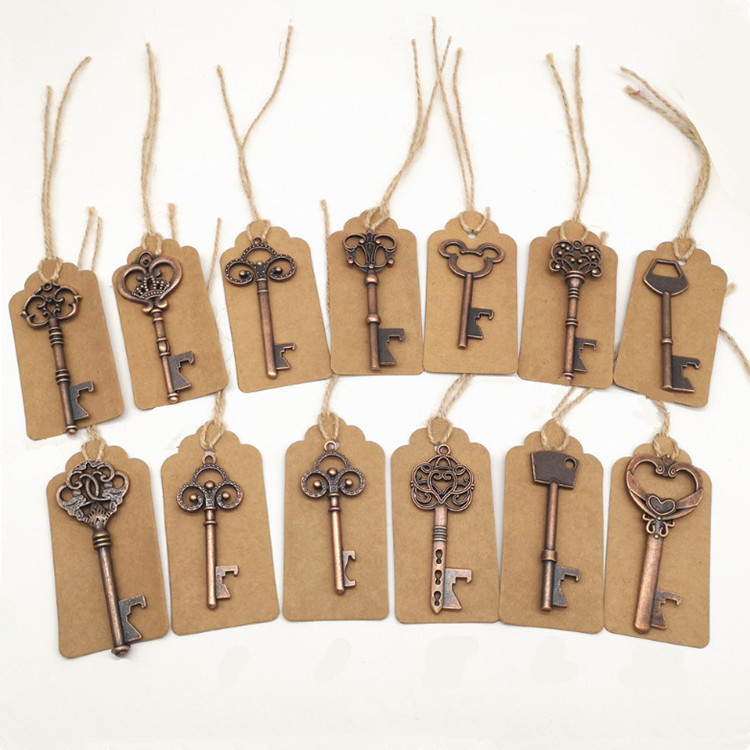 Metal Key Beer Bottle Opener Alloy Retro Kraft Paper Card with Rope Wedding Favors Gift 50 Set