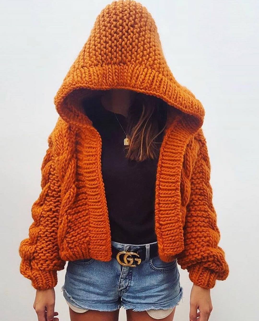 2019欧美ins新款跨境连帽麻花短款开衫毛衣 手工粗棒针编织外套女