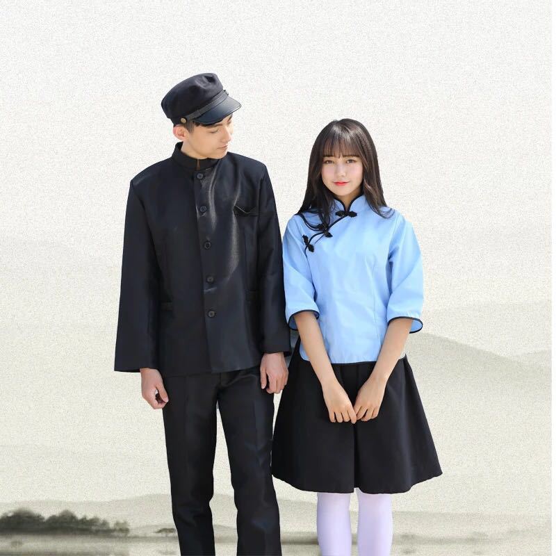 蓝棉布民国服中山装学生装演出服五四青年装女中山装男复古毕业照