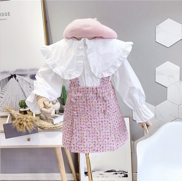 Korean Style New Girls' Suit Autumn Baby Girls' Big Lapel Long Sleeve Shirt Classic Style Suspender Skirt Two-Piece Suit Fashion