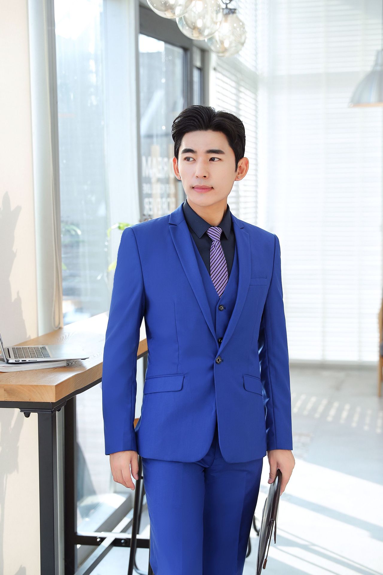 职业装男式商务西装蓝色正装2019新款餐饮领班制服酒店前台工作服