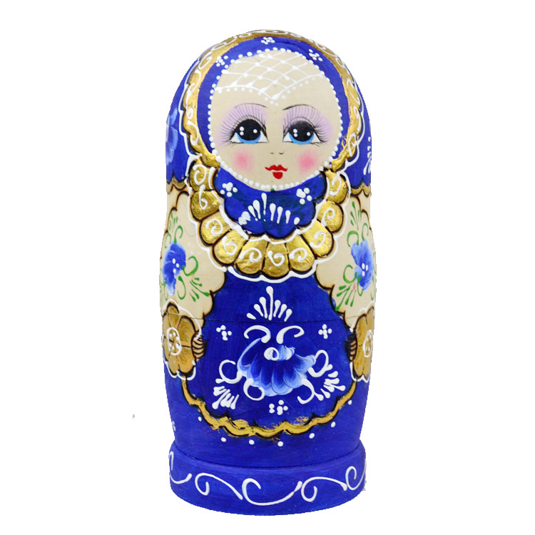 俄罗斯套娃7层椴木水粉风格烫金蓝色批发
