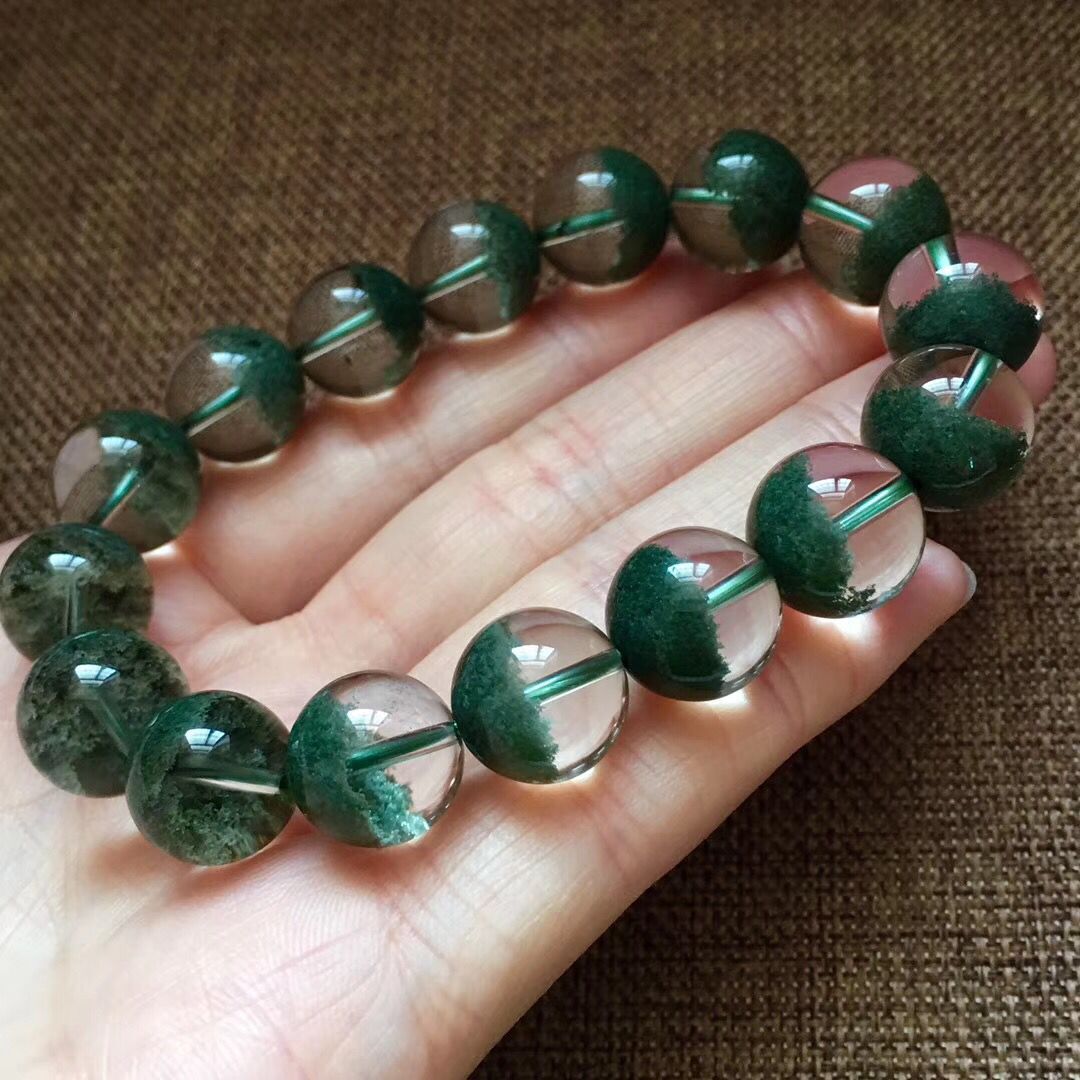 3毫米绿幽灵聚宝盆手链 半盆微红皮晶体干净