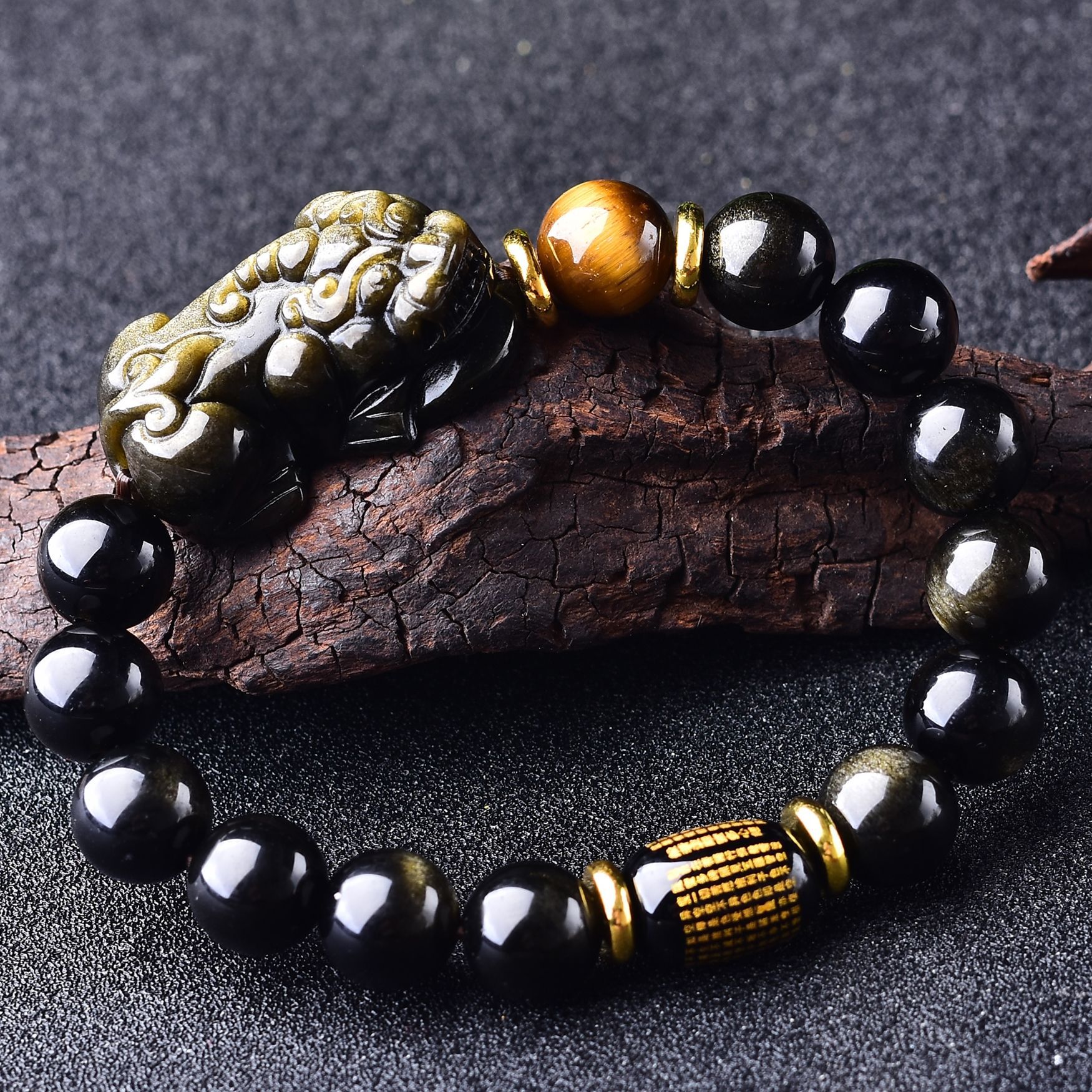 天然金曜石小情侣貔貅手链搭配心经桶珠男女款金曜石弯头貔貅手串