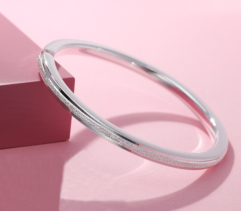 9万足磨砂方形开口纯银手镯女 韩范ins时尚百搭小圈口银镯子