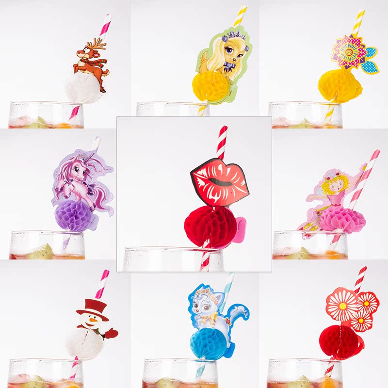 环保一次性鸡尾酒纸吸管彩色动物独角兽派对饮料甜品装饰厂家直销