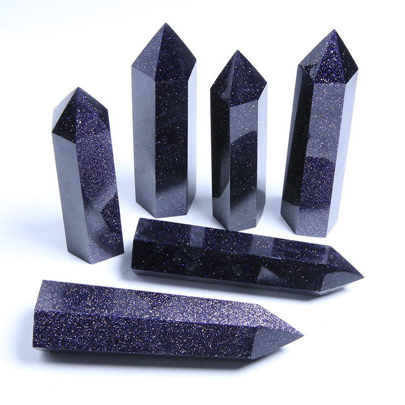 批发人造蓝沙石水晶柱 六棱柱摆件 尺寸可定做