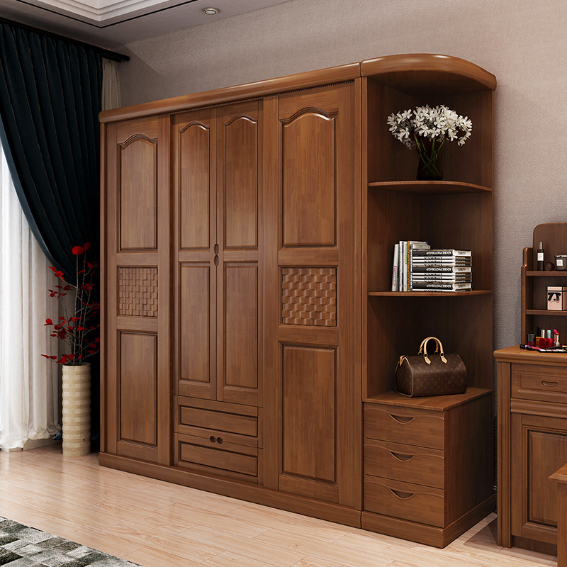 中式橡胶木衣柜四门加顶柜推拉门实木衣橱储物家具厂家直销包邮