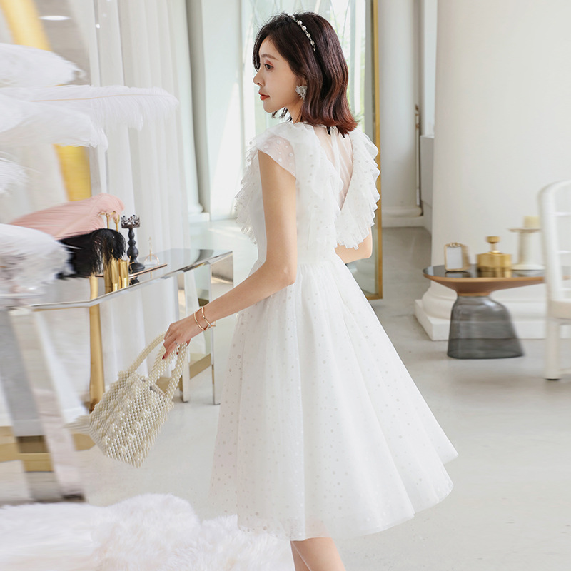 法式复古公主纱裙蕾丝网纱白色收腰连衣裙64831